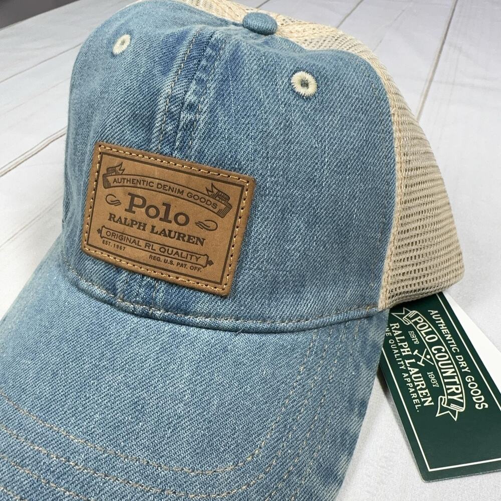 Polo Country Denim Leather Patch Trucker Hat Mens Blue Mesh Cap Ralph Lauren - Picture 2 of 14